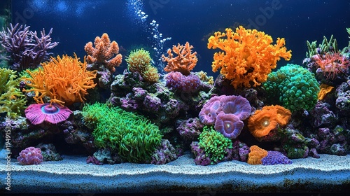 Vibrant Underwater Coral Reef Aquarium Ecosystem with Diverse Marine Life and Bubbles