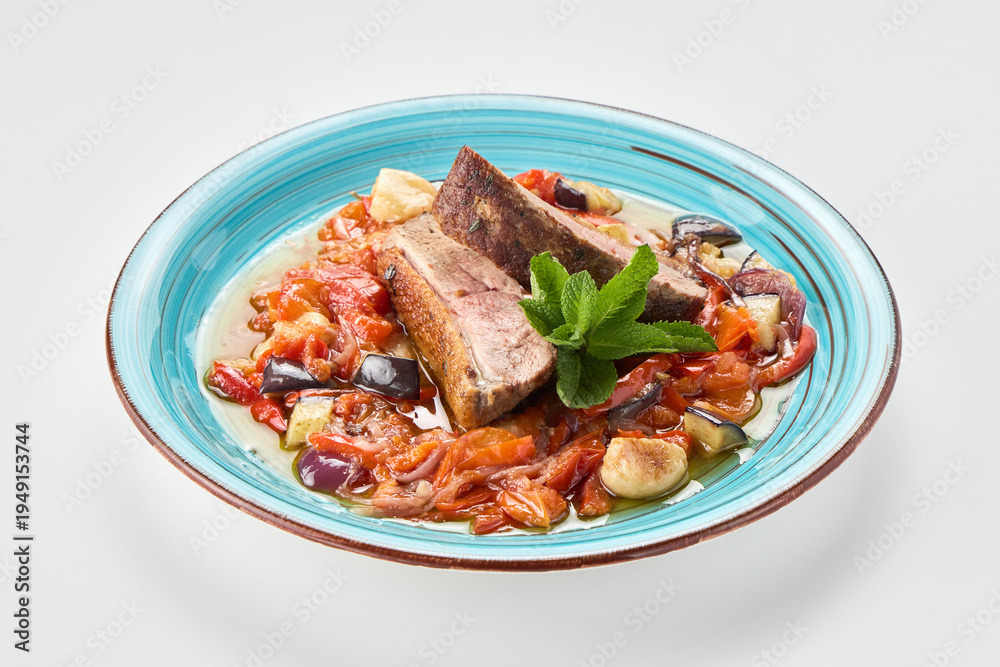 Fototapeta premium Braised beef ribs with vegetables Asian fusion dish