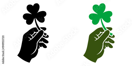 Día de San Patricio. Dibujo sencillo con silueta de mano sujetando un trébol de 3 hojas