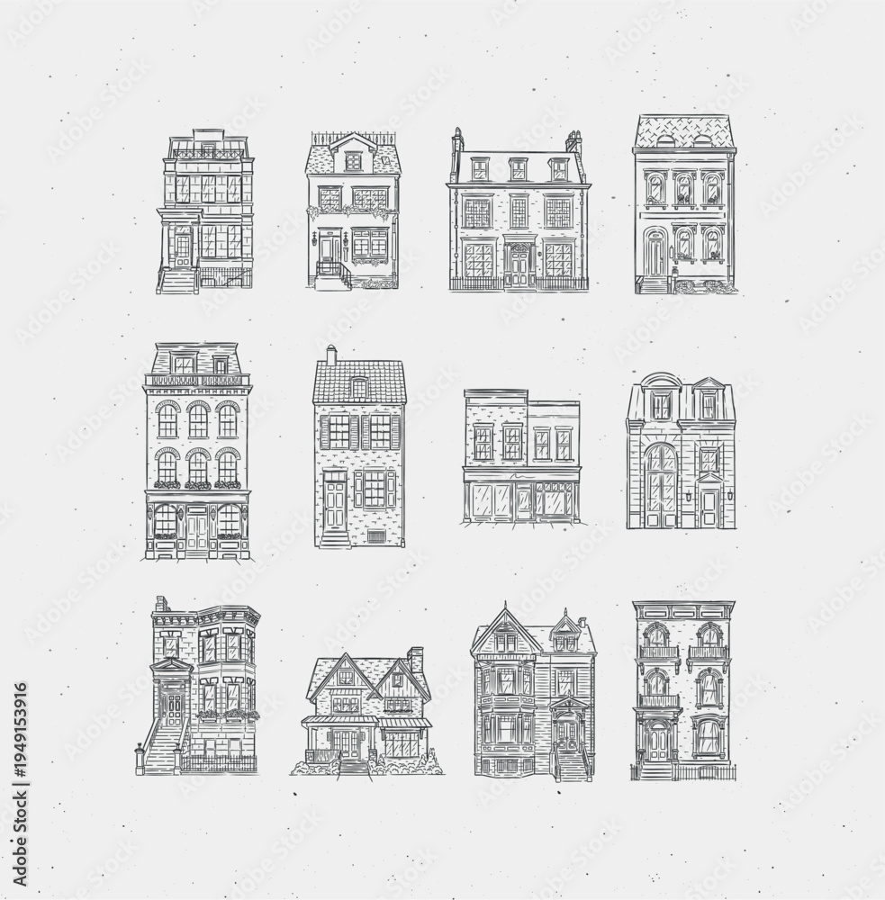 Fototapeta premium Set of houses collection drawing in old fashioned vintage style with black lines on light background