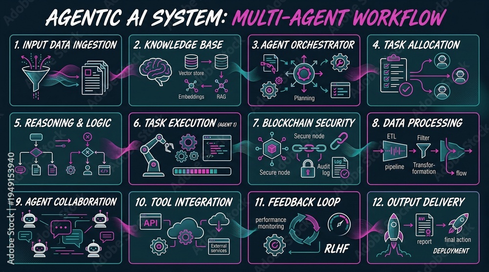 Naklejka premium Agentic AI System Multi-Agent Workflow Infographic Diagram in Neon Bento Grid Layout