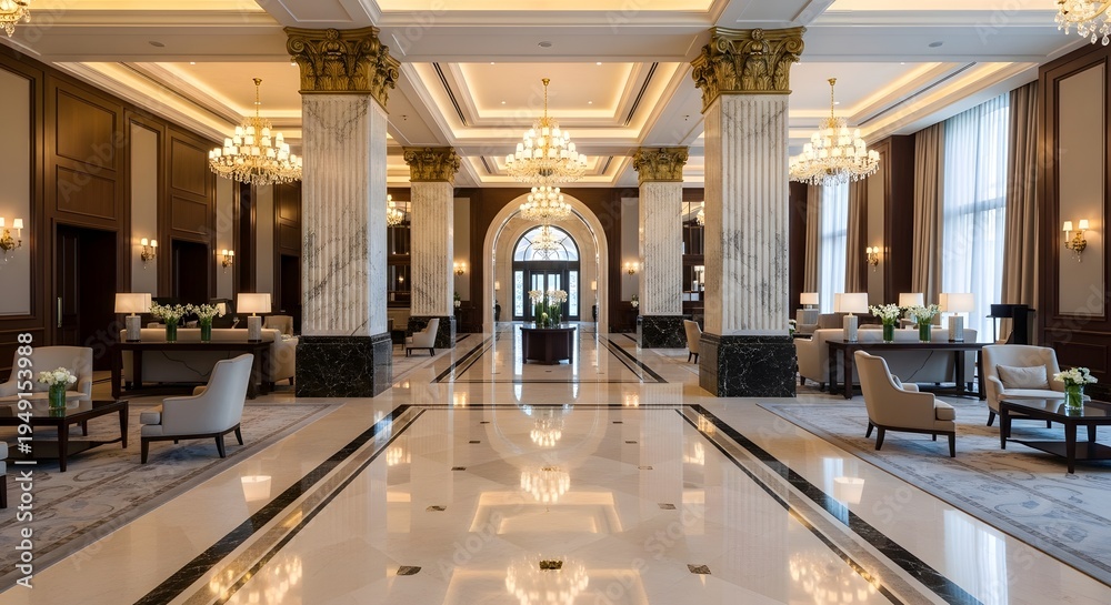 Obraz premium Luxurious hotel lobby interior with marble pillars and elegant chandeliers