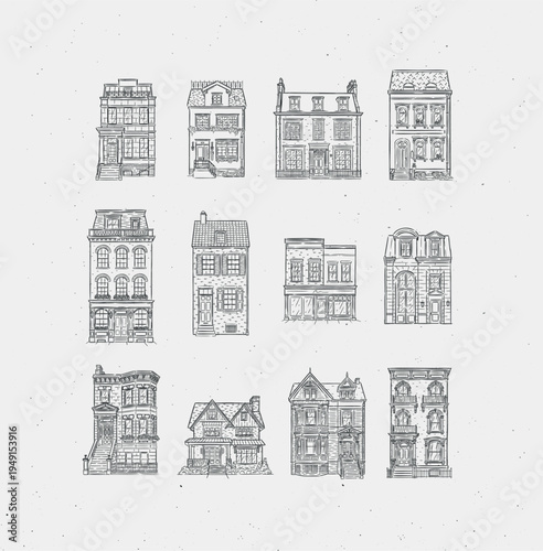 Set of houses collection drawing in old fashioned vintage style with black lines on light background
