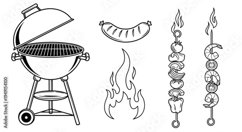 Barbecue grill with food on fire.