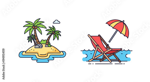 Beach Chair With Colorful Umbrella.