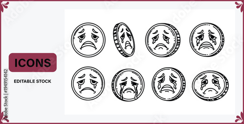 Set of sad crying coins with different expressions and angles  various emotive currency icons in black and white