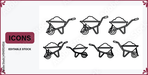 Set of black line icons of wheelbarrows with loads on white background for construction and gardening designs  editable stock