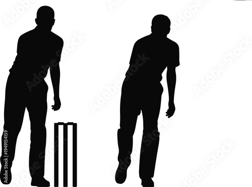 Two silhouetted cricket players stand on a white background one near a wicket and the other in a fielding stance illustrating different roles in the game of cricket