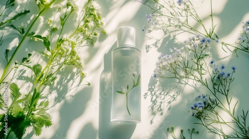 Clear Bottle of Perfume With Flowers Around It in Warm Light on a Table