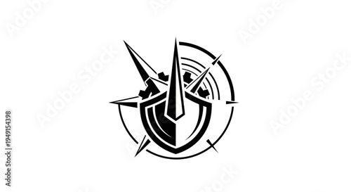 Black and white compass graphic symbol.