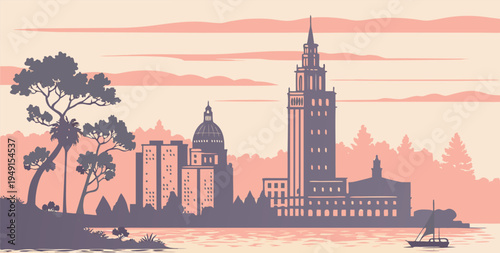 Oakland California Skyline Silhouette Vector with Tribune Tower Landmark