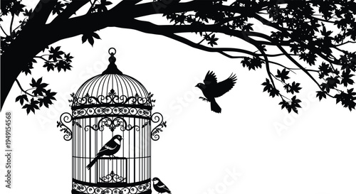 Decorative bird cage under tree branches with flying bird, black and white vintage style nature illustration peaceful scene