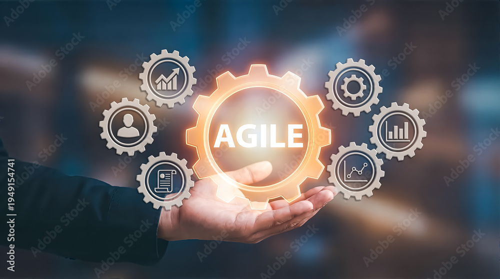 Fototapeta premium Hand holding glowing gear with agile word and business icons for project management and development