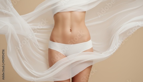 Elegant Woman's Torso Showing a Smooth Abdomen and Hips in White Underwear, Surrounded by Light, Flowing White Sheer Fabric Against a Warm, Plain Studio Background, Emphasizing Natural Beauty and Form