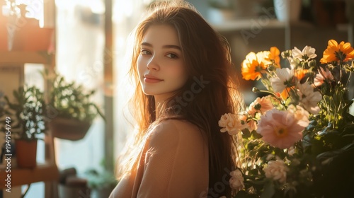 Young Woman Smiles Surrounded by Flowers and Plants in a Sunlit Room During t...