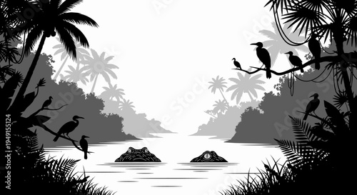 Silhouettes of birds perched on tree branches overlooking a tropical river landscape.