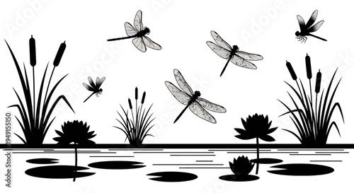 Black and white silhouette illustration of dragonflies and aquatic plants by a pond.
