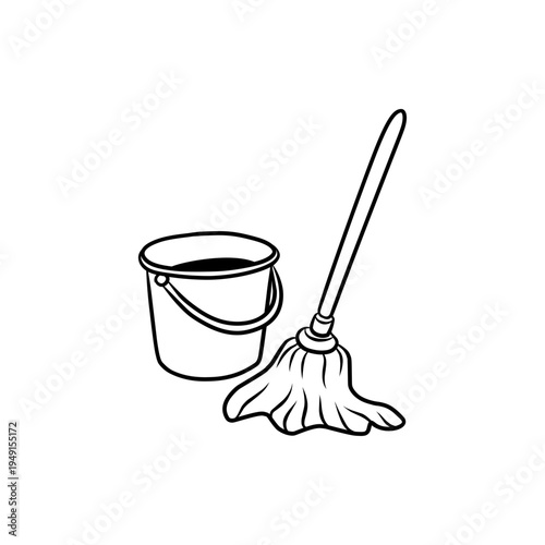 Cleaning Mop and Water Bucket Vector Line Art Illustration