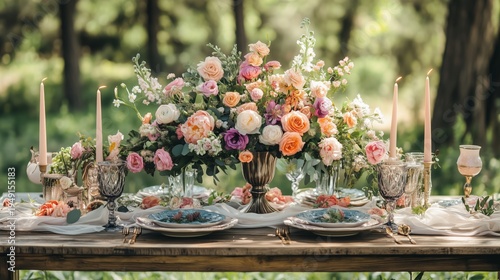 Flowers and Dinnerware Are Set on a Table in a Garden During Sunlight Hours