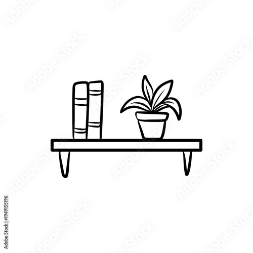 Decorative Wall Shelf with Books and Potted Plant Vector