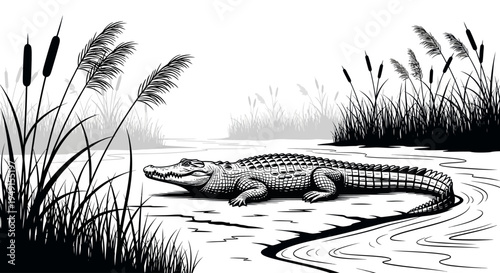Black and white illustration of a crocodile resting near water surrounded by reeds and marsh plants.