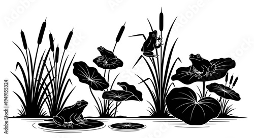 Black and white silhouette of frogs and aquatic plants in a pond scene.