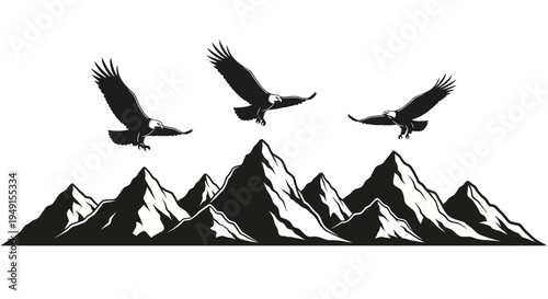 Silhouette of three eagles flying above mountain peaks in black and white.