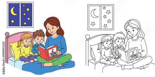 Bedtime Story: Mother Reading to Children in Bed at Night