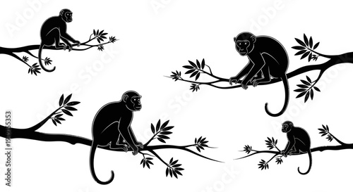 Silhouettes of monkeys sitting and interacting on tree branches.