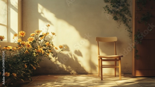 Sunlight Shining on a Simple Chair With Flowers Near the Window in a Quiet Ro...