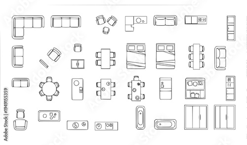 Furniture outline top view floor plan icon set thin line vector furniture symbols for interior design and architectural layout isolated on white