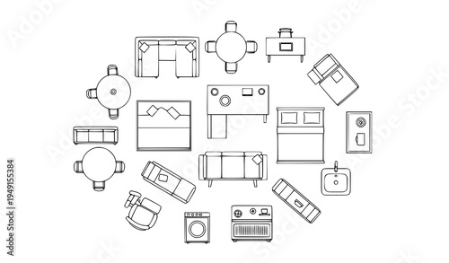 Minimal thin line furniture top view icons vector collection for floor plan interior architecture design isolated on white background