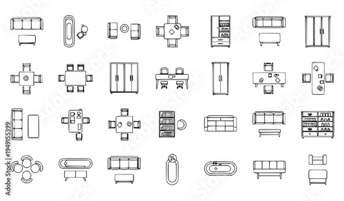Furniture thin line top view icon set vector floor layout symbols for interior planning and architectural projects isolated on white
