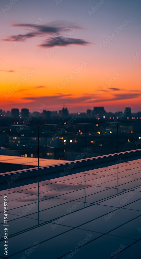 Naklejka premium Stunning sunset view from a modern rooftop terrace overlooking the city skyline