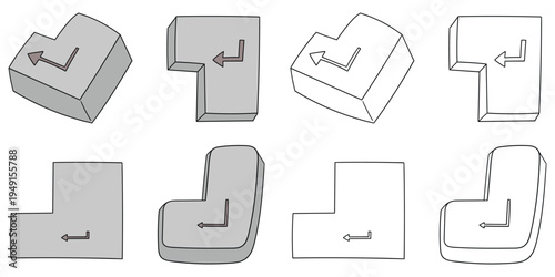 Hand-drawn cartoon and doodle set of enter buttons on a white background.
