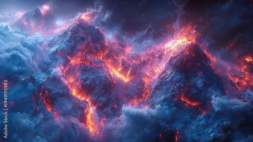 Fototapeta premium Fiery Volcanic Peaks Erupting Through Ethereal Blue Clouds Under a Starry Night Sky