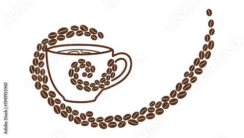 Coffee Cup Aroma: Aromatic coffee beans swirl gracefully around a steaming cup, evoking the comforting essence of a perfect morning brew.