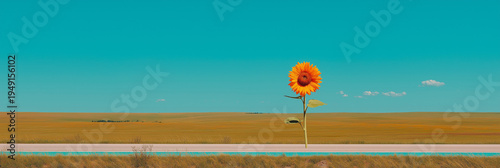 Giant sunflower in surreal pastel landscape beside empty road, dreamlike calm minimalism background for branding, poster and advertising, AI generated