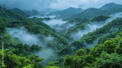 Lush Green Mountain Landscape with Misty Valleys and Dense Forest.