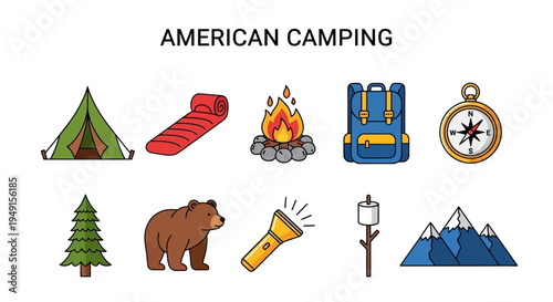 Cartoon icons depicting American camping gear and nature elements