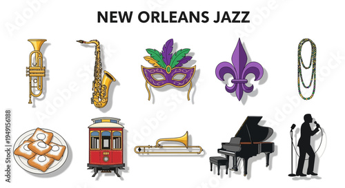 New Orleans Jazz icons including instruments Mardi Gras symbols food and a streetcar