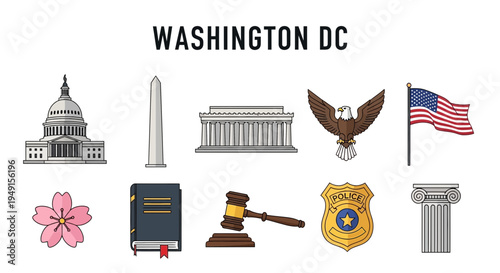 Washington DC icons including the Capitol monuments flag eagle and symbols