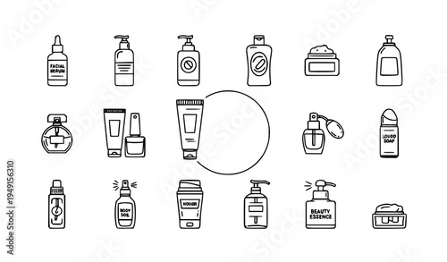Cosmetic bottle linear symbol pack with editable stroke outline beauty product container vector icons
