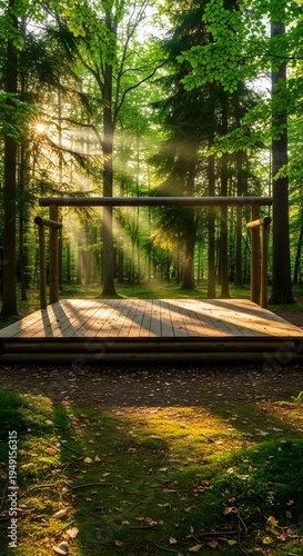 Wooden platform in a sunlit forest clearing with rays of light