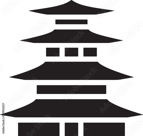 A vintage 3d origami art set featuring a vector illustration of a Japanese temple and a white house design element on a blank paper ribbon banner tag