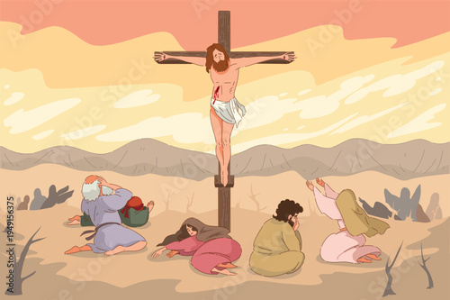 Sacred Dawn Worship. Sunrise Scene Of Divine Sorrow. Devotional Scene At Sunrise With Mourning Figures