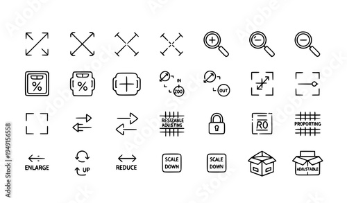 Vector scaling and resizing outline icons collection with zoom increase decrease transformation symbols
