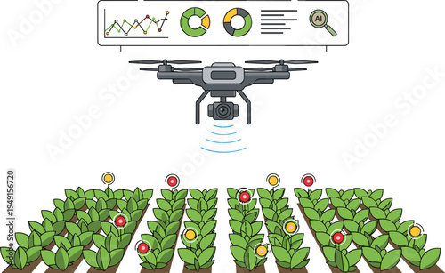 Agricultural drone crop monitoring vector illustration with smart farming analytics dashboard and precision agriculture technology for field management
