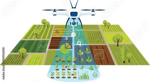 Agricultural drone analyzing crops over farmland with artificial intelligence data visualization smart farming technology precision agriculture vector illustration