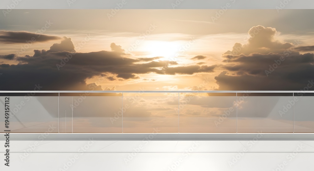Fototapeta premium Modern balcony overlooking a dramatic sunset sky
